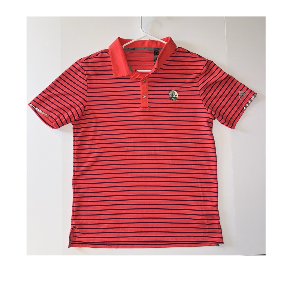Men's Medium adidas Climachill Red Navy Striped Golf Polo Shirt Short Sleeve